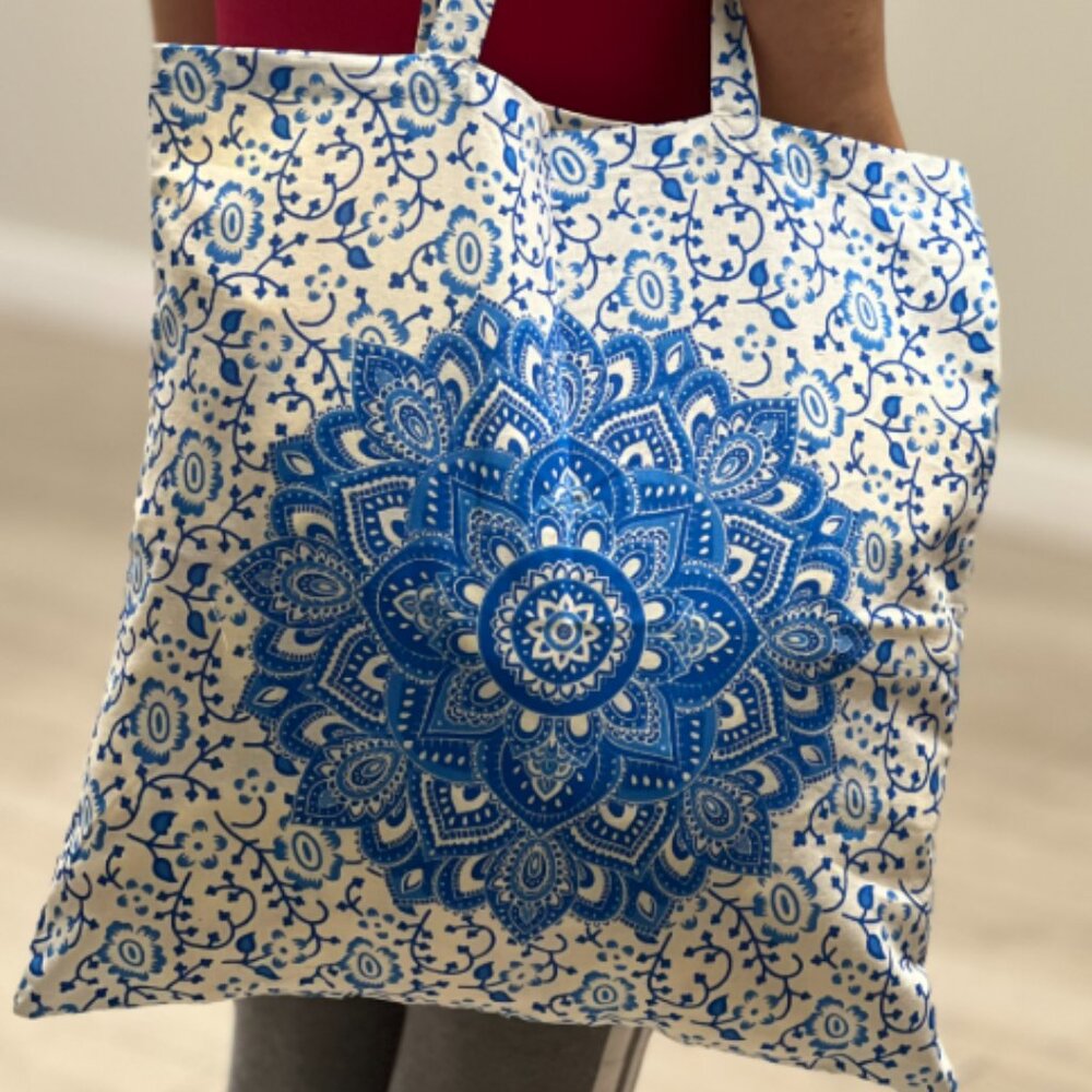 Blue Tie Dye Mandala Tote Bag: Handmade Reusable Cotton Grocery Bag NEW